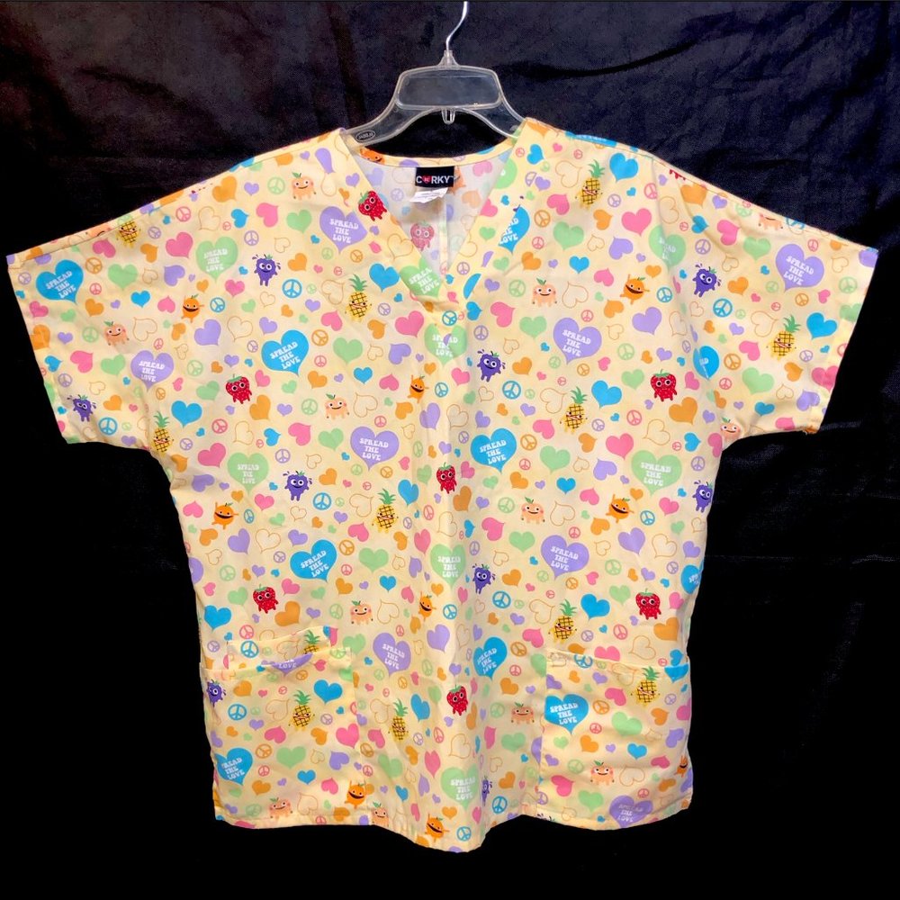Be Corky Spread the Love Peace Hearts Scrub Shirt Yellow Purple Nurse Vet Tech